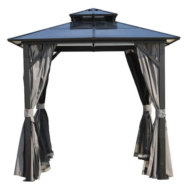 Grill 8 ft. x 8 ft. Brown Hardtop BBQ Gazebo with UV-Resistant Polycarbonate Roof and Storage Hooks