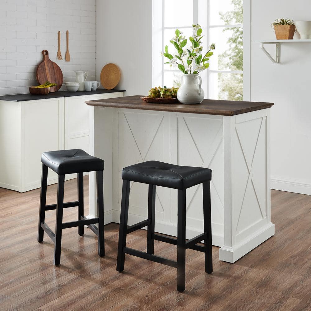 Distressed White Kitchen Island with Black Stools