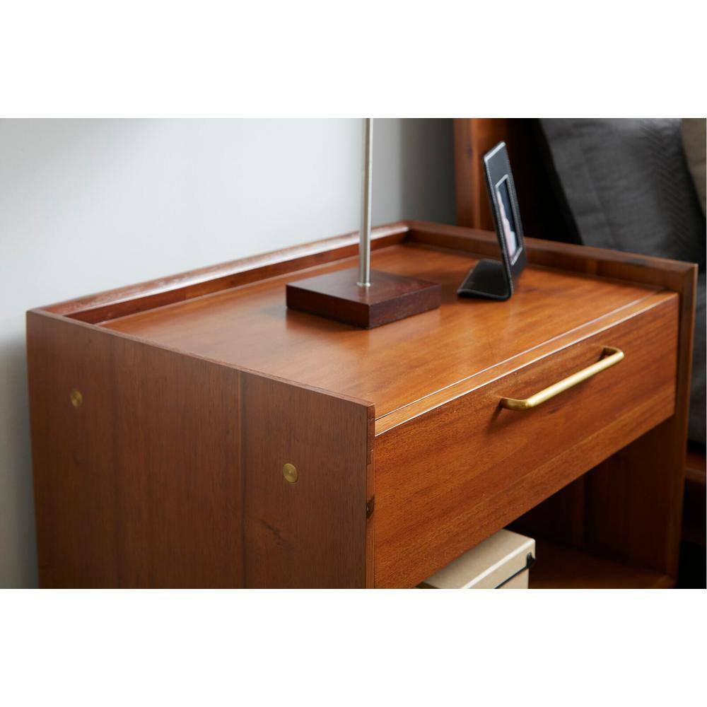 Walnut Acacia Wood Nightstand with Brass Handle and Shelf