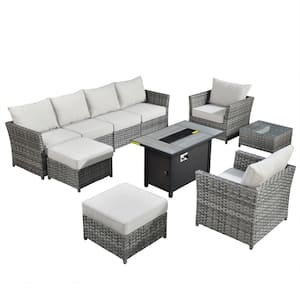 Eufaula Gray 10-Piece Wicker Modern Outdoor Patio Conversation Sofa Set with a Steel Fire Pit and Coarse Beige Cushions