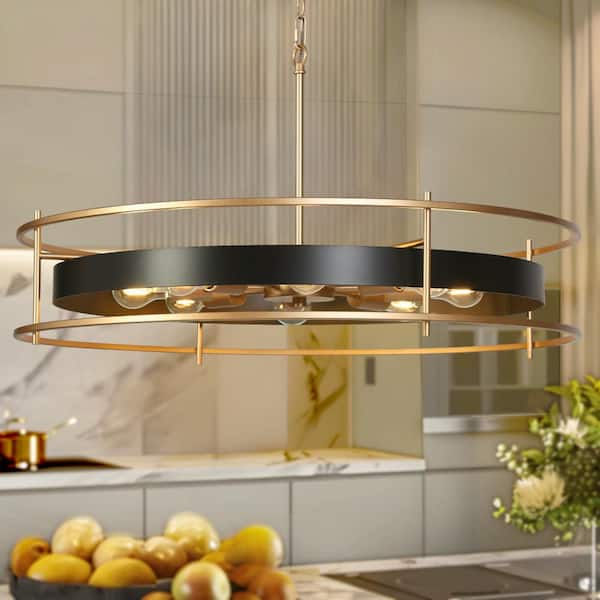 Modern Industrial 31.6 in. W 8-Light Black Round Chandelier, Gold Drum Hanging Pendant Light Living Room, Dining Room