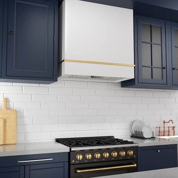 30 in. Stainless Steel Range Hood with Powerful Vent Motor, 600 CFM, 3-Speed, Wall Mount, in White with Gold