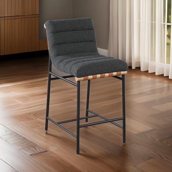 Benjara 26.38 in. Gray, Brown and Black Low Back Metal Frame Bar Stool with Boucle Fabric Seat
