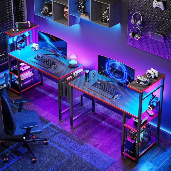 Cool Style Esports Computer Gaming Desk, Carbon Fiber/ Wood Tabletop  Workstation, Ergonomic PC Desk with Cupholder & Headphone Hook 