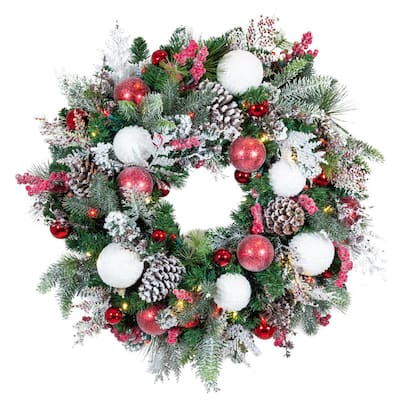 24 in. Artificial D Mixed Snow and Glitter Pine Indoor Wreath