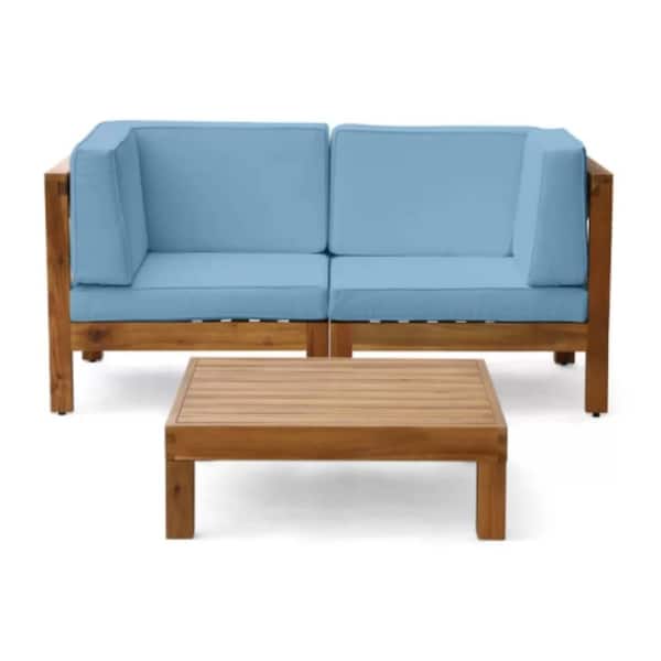 3-Piece Acacia Wood Outdoor Conversation Patio Furniture Set with Blue ...