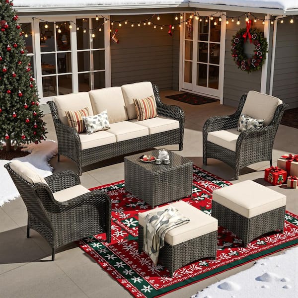 Clario 6-Piece Wicker Patio Conversation Set with Beige Cushion, 2 Ottomans, 2 Single Chair& Coffee Table