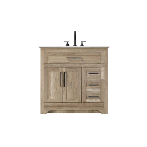 36 in. Single Sink Freestanding Natural Oak Bath Vanity with Marble White Engineered Marble Top