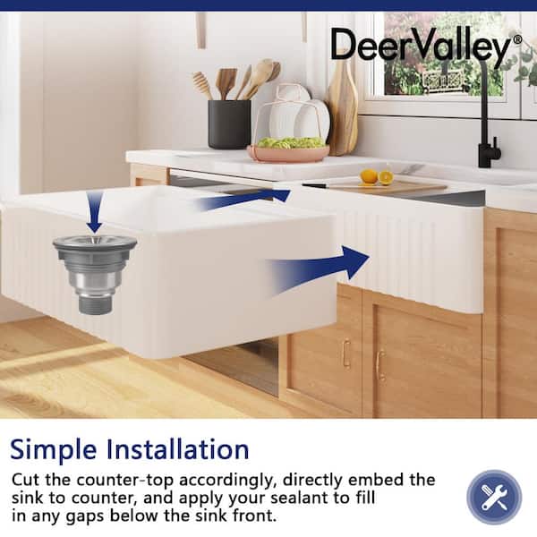 DeerValley White Ceramic 33 in. Single Bowl Farmhouse Apron Workstation Kitchen Sink with Accessories