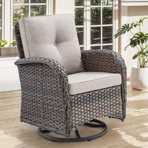 Brown Swivel Wicker Outdoor Rocking Chair with Beige Cushion and Glide Function (1-Pack)