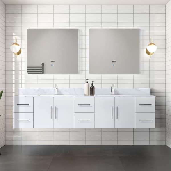 Lexora Geneva 84 in. W x 22 in. D Glossy White Double Bath Vanity, Carrara Marble Top and 36 in. LED Mirrors