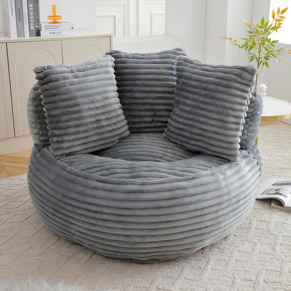 Gray Corduroy Bean Bag Chair with Pillows and Backrest, Filled Foam Lounge Chair for Living Room, Apartment