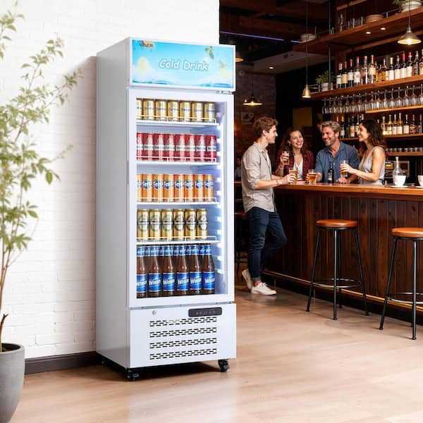 Commercial Refrigerator 9.6 cu.ft. Beverage Refrigerator Cooler Glass Door Display Refrigerator Upright Fridge Led White