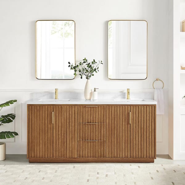 Bangkok 72 in.W x 22 in.D x 33.8 in.H Double Sink Bath Vanity in Mango Wood Light Brown with White Engineered Stone Top
