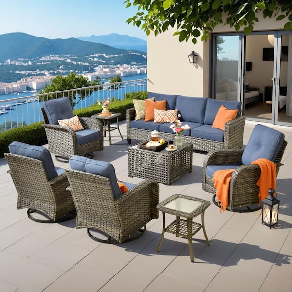 Neptune Gray 8-Piece Wicker Patio Conversation Seating Sofa Set with Denim Blue Cushions and Swivel Rocking Chairs