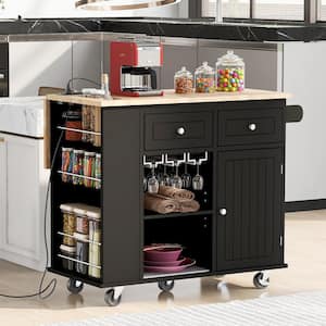 Black Rubberwood Kitchen Cart with Power Outlet, Open Storage and Wine Rack