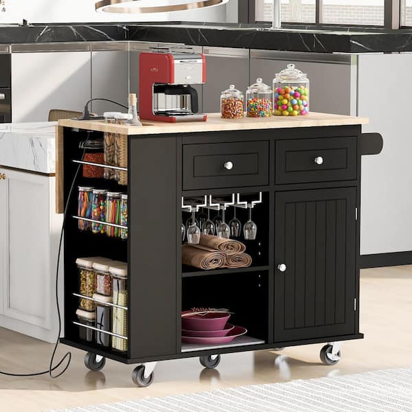 Staykiwi Black Rubberwood Kitchen Cart with Power Outlet, Open Storage and Wine Rack