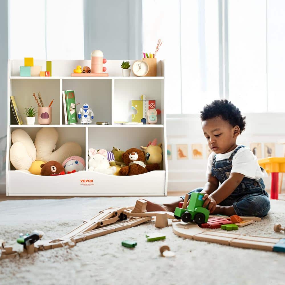 White 35" Kids Toy Storage Organizer with Bookshelf