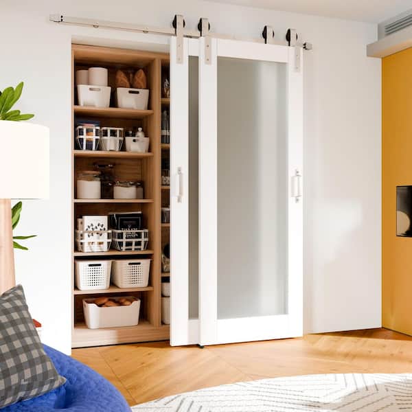 60 in. x 80 in. Full Lite Frosted Glass Solid Wood White Barn Door Slab with Full Bypass Hardware Kit Set