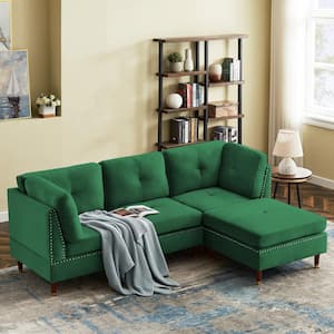 89 in. W 2-piece Velvet Sectional Sofa Couch with Ottoman, Modern L-Shaped Couch with Nail Head in Green