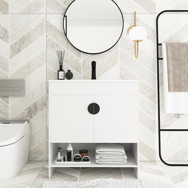 JimsMaison 30 in. W x 18 in. D x 33 in. H Freestanding Bath Vanity in White with White Ceramic Top