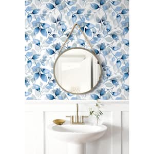 30.75 sq. ft. Luxe Haven Blue Lagoon Watercolor Tossed Leaves Vinyl Peel and Stick Wallpaper Roll