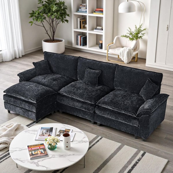 Chic Oversized 121.65 in. Pillows Armrests L-Shape Chenille DIY Combination Modular Sectional Sofa with Ottoman in Black