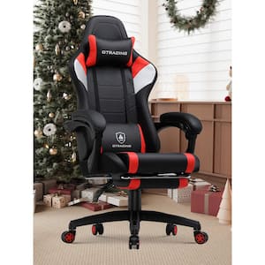 Faux Leather Gaming Chair with Footrest, Massage Lumbar Support and Headrest Height Adjustable Computer Chair, Red