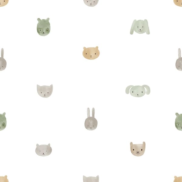 Unbranded Little Explorers 2-Green Happy Animal Heads Matte Finish Non-Pasted Non-Woven Wallpaper Roll Sample
