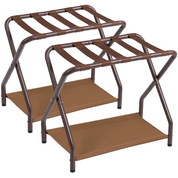 2 Pack Foldable Suitcase Stands for Guest Room, Metal Luggage Holder with Storage Shelf for Bedroom and Hotel, Brown