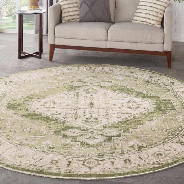Astra Machine Washable Ivory Green 8 ft. x 8 ft. Center medallion Traditional Round Area Rug