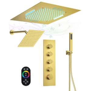 15-Spray Patterns 20 in. and 10 in. Square Ceiling Mount Fixed Shower Head with Handheld LED and Music 2.5 GPM in Gold