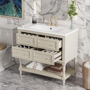 36 in. W x 18 in. D x 34 in. H Single Sink Freestanding Bath Vanity in Beige with White Resin Top and Storage Cabinet