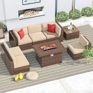 Brown 8-Piece Wicker Patio Fire Pit Conversation Set, Seating Sofa Set, Beige Cushion and Coffee Table