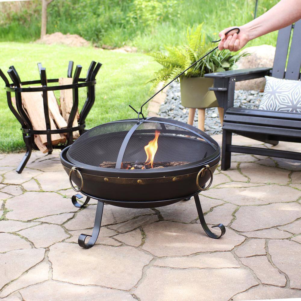 Victorian 25" Black Steel Fire Bowl with Spark Screen