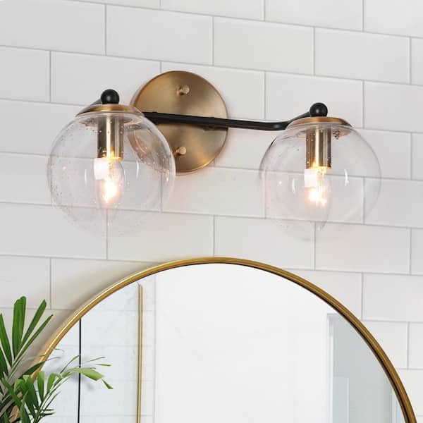 Mid-century 14.5 in. 2-Light Brass Bathroom Vanity Light, DIY Globe Seeded Glass Bath Lighting, Modern Black Wall Sconce