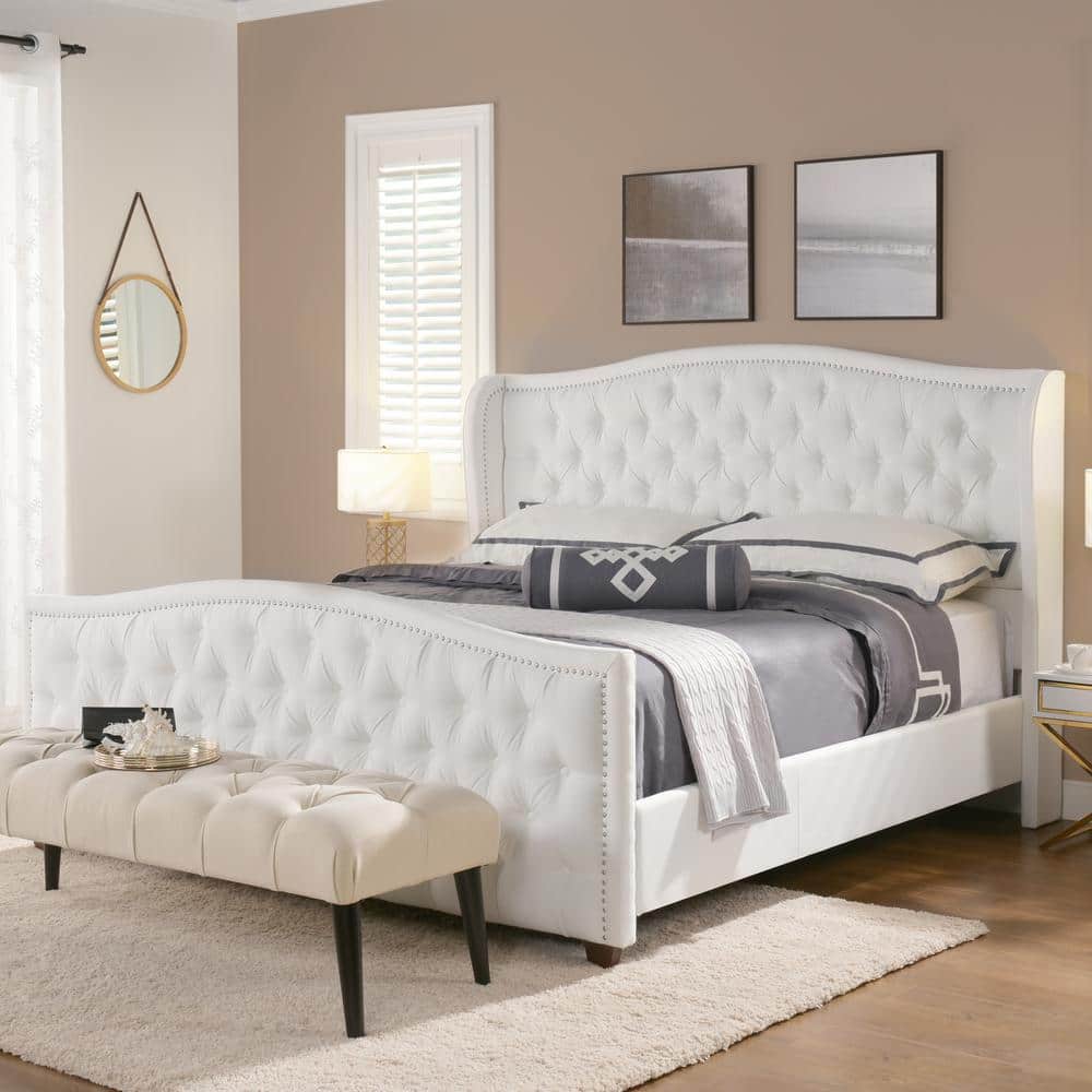 Elegant King-Sized Birch Wood Frame Bed with Tufted Polyester Upholstery