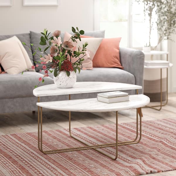 Novogratz Athena, 18 in., White Marble, Round Wood Top, Coffee Table