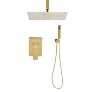 Single Handle 2-Spray Ceiling Mounted 16 in. Shower Head with Hand Shower Faucet in Brushed Gold(Valve Included)