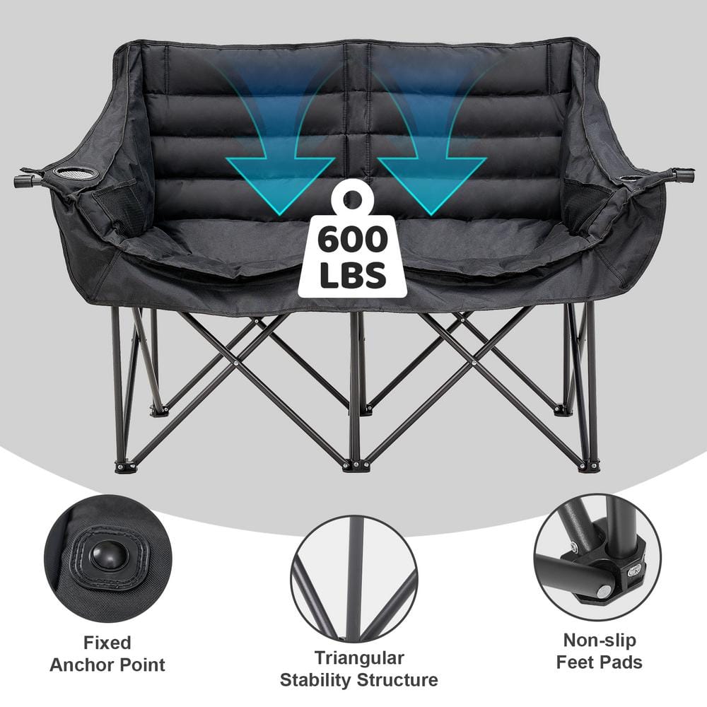 XXXL Black Polyester Double Camping Chair with Arms and Storage Bag