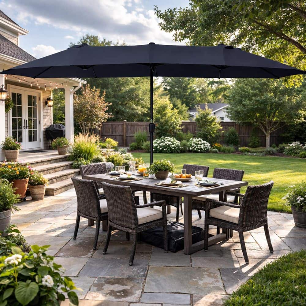 big y patio umbrellas KOZYARD 15 ft. x 9 ft. Market Double-Sided Patio Umbrella Extra-Large  Waterproof Twin Umbrellas in Navy Blue KZUM15NAV