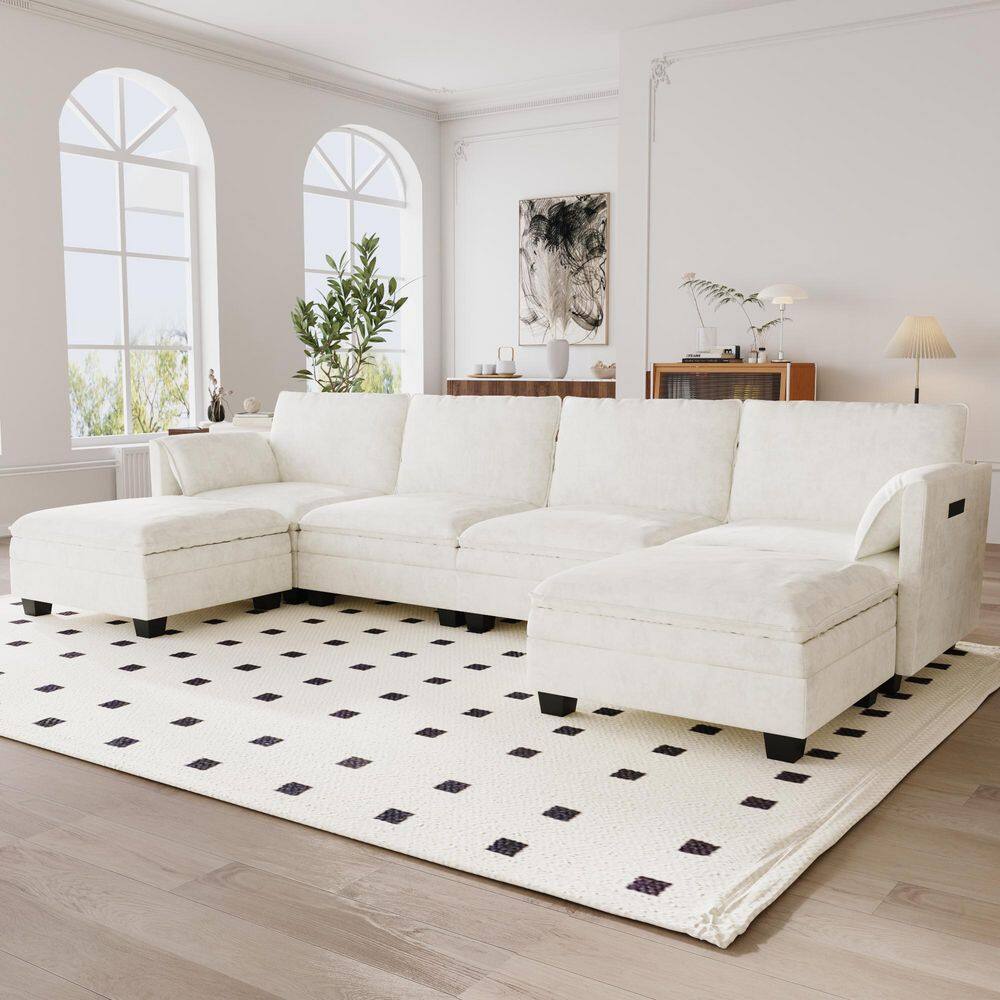Enrique 141.5 in. Large Size U-shaped 6 Seater Modern Fabric Sectional Sofa in Beige with Movable Ottoman