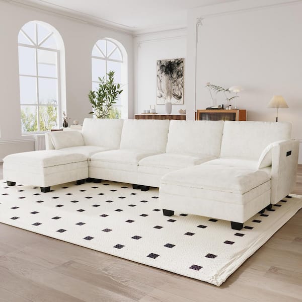 Noble House Enrique 141.5 in. Large Size U-shaped 6 Seater Modern Fabric Sectional Sofa in Beige with Movable Ottoman