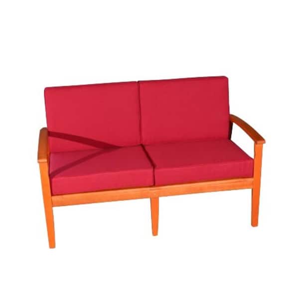 ITOPFOX Natural 1-Piece Eucalyptus Wood Outdoor Loveseat with Cushion Guard Burgundy Cushions