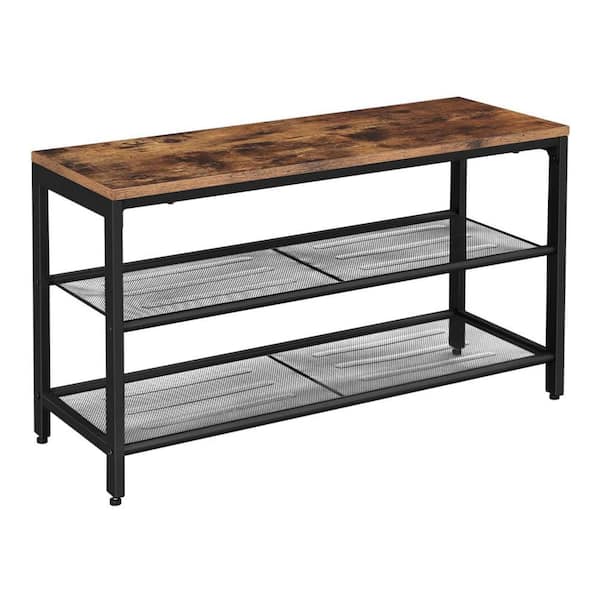 Benjara Brown and Black Dining Bench With back with 2 Open Mesh Shelves 31.5 in.