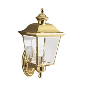 Bay Shore 15.5 in. 1-Light Polished Brass Outdoor Hardwired Wall Lantern Sconce with No Bulbs Included (1-Pack)