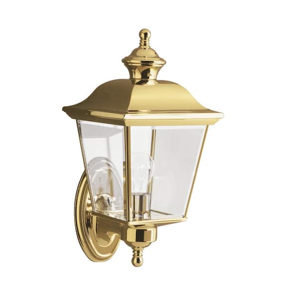 KICHLER Bay Shore 15.5 in. 1-Light Polished Brass Outdoor Hardwired Wall Lantern Sconce with No Bulbs Included (1-Pack)