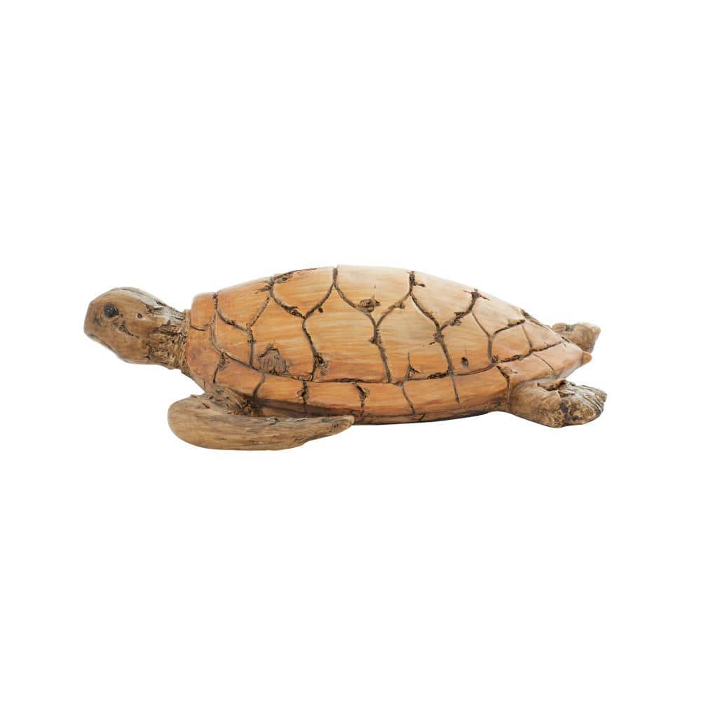 Hand-Carved Brown Wood Coastal Turtle Sculpture