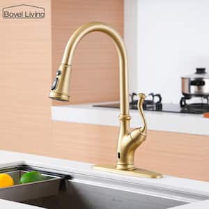 3-Spray Patterns 1.8 GPM Single Handle Touchless Pull Down Sprayer Kitchen Faucet with Deckplate in Brushed Gold