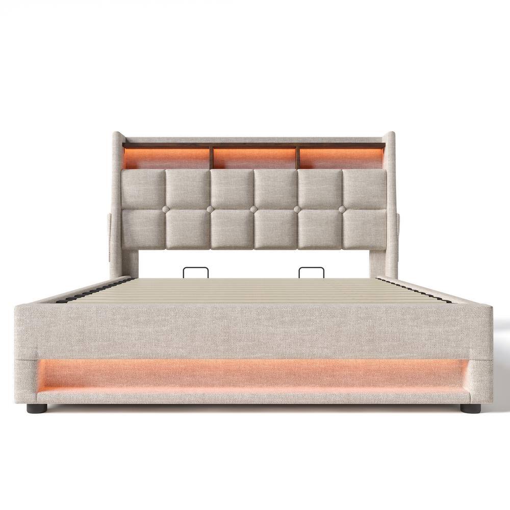 Gray Wood Frame Full Linen Platform Bed with LED Lights, Hydraulic Storage, USB Charging, Storage Headboard, Pockets - thumbnail 2
